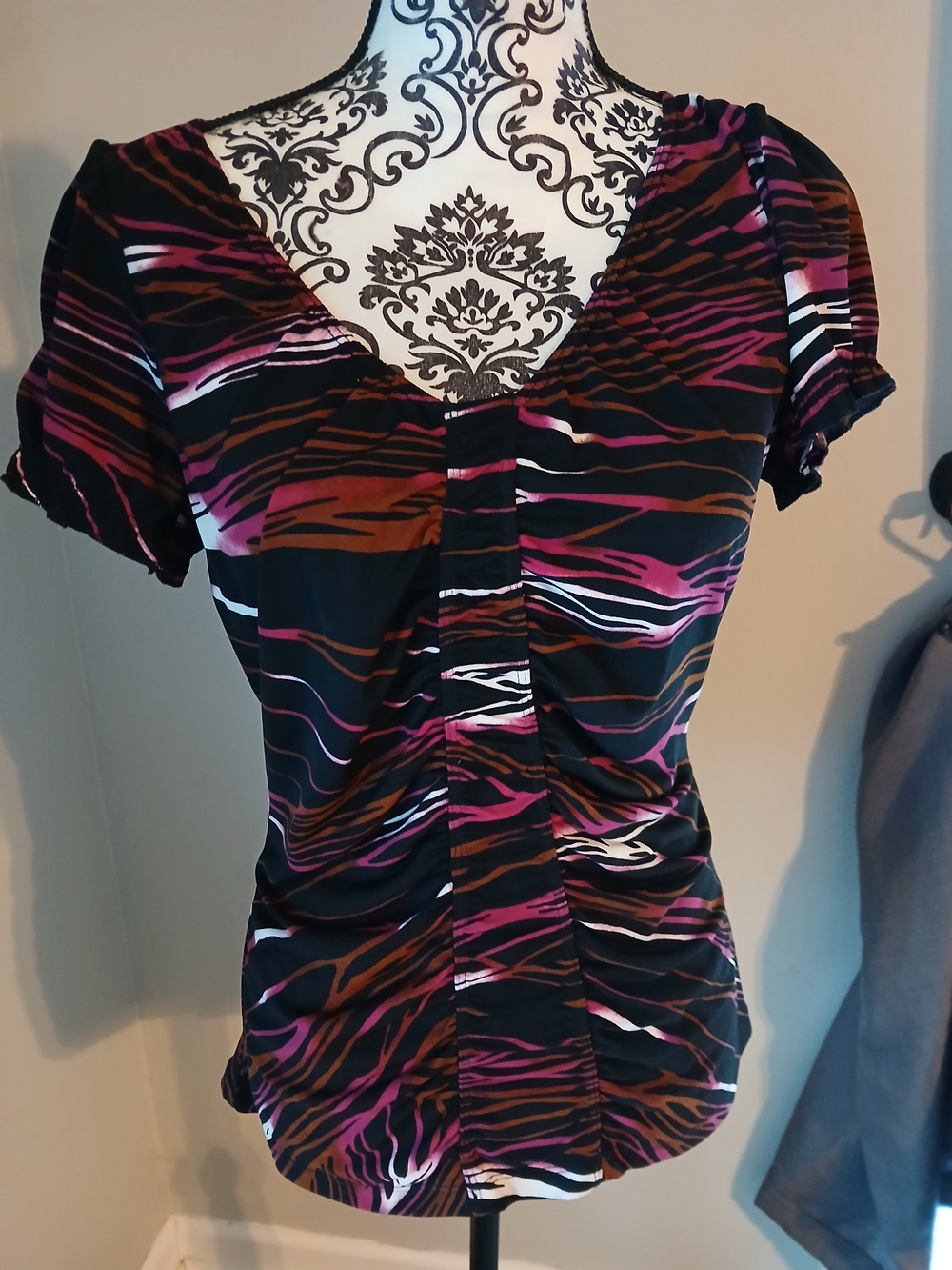Worthington Black V-Neck Zebra-Stripe Top with Pink & Brown Accents